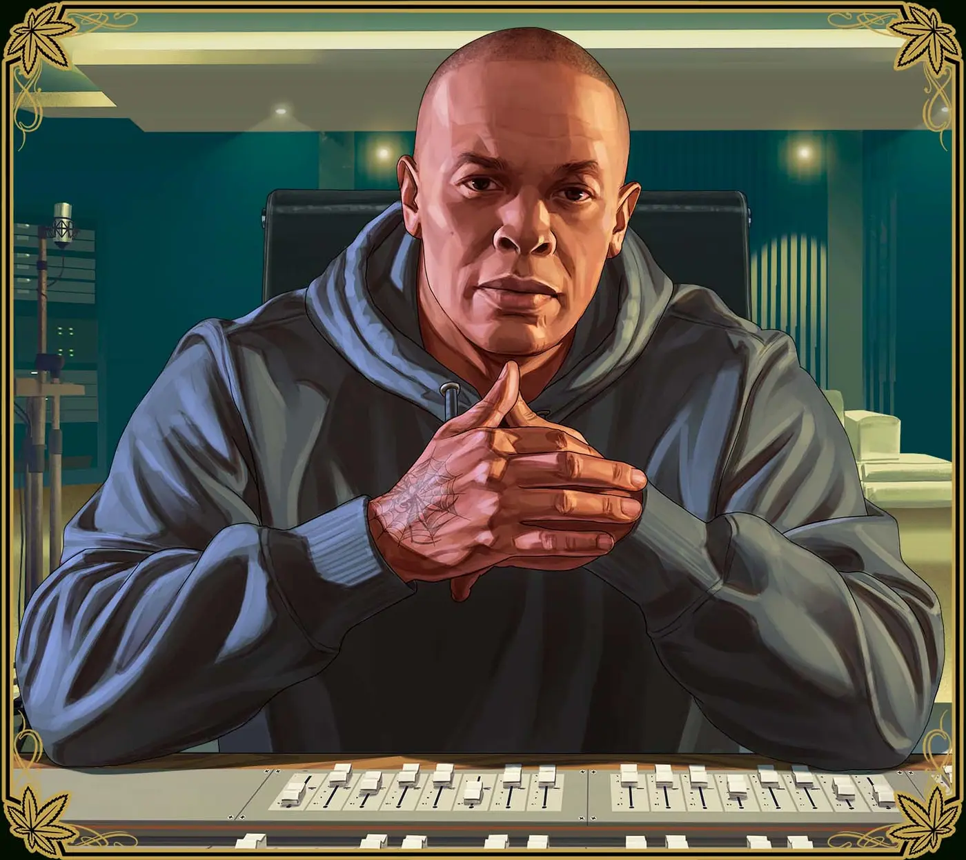 Portrait de Dr. Dre dans GTA Online, capuche grise, mains jointes, assis dans un studio d'enregistrement aux tons bleutés