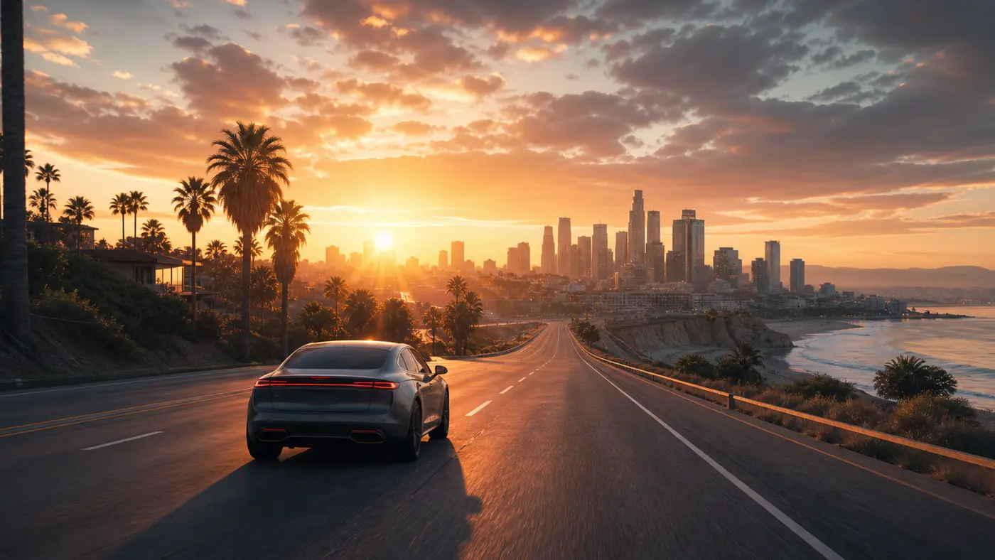Illustration façon GTA : une voiture seule roulant sur une autoroute côtière à l'aube vers la skyline d'une ville, lumière chaude du lever de soleil, palmiers le long de la route, ambiance de départ vers un nouveau foyer