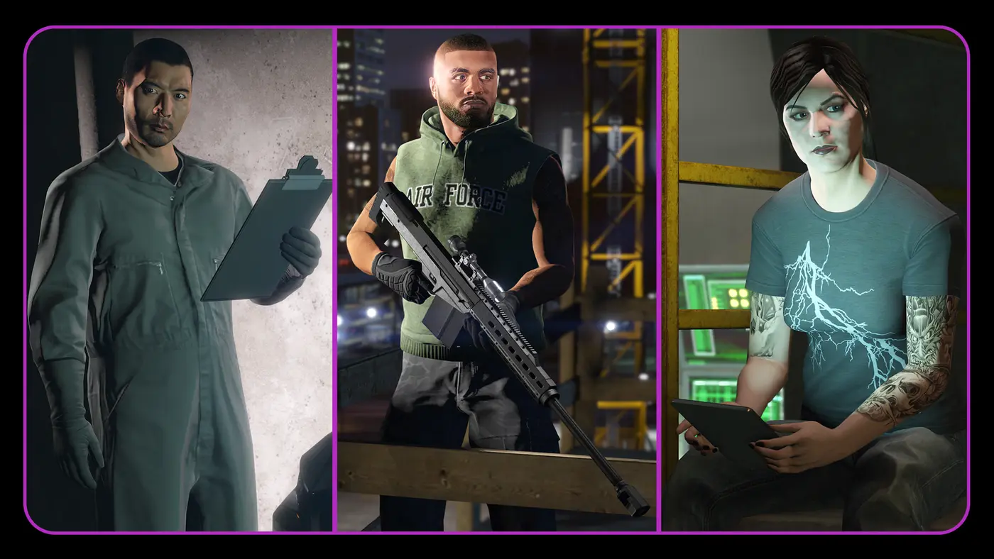 Triptyque de trois membres de l'équipe de soutien GTA Online : un homme en combinaison avec un bloc-notes, un tireur avec un fusil de précision sur un toit la nuit, une hackeuse assise avec une tablette devant des écrans