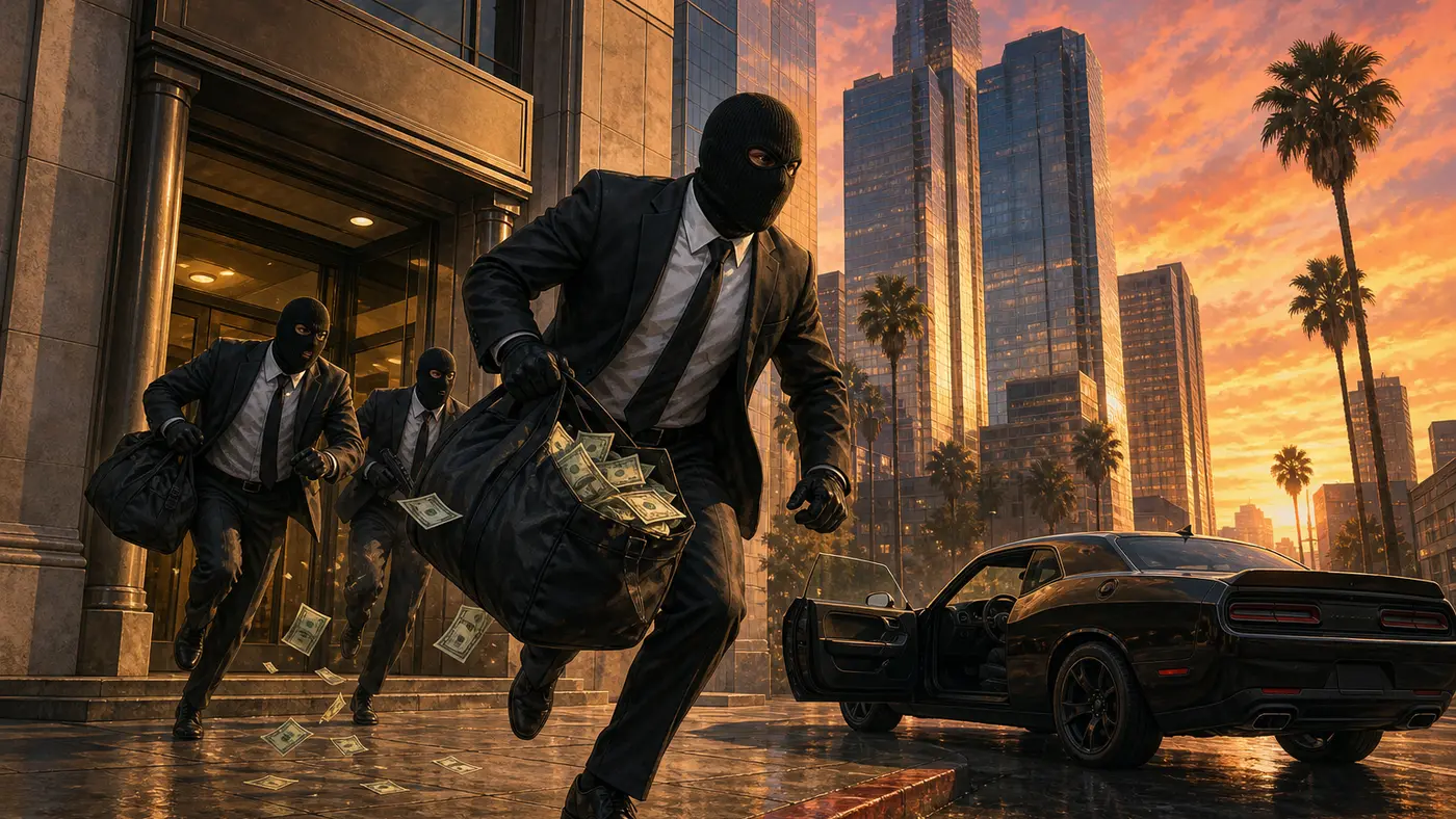 Trois braqueurs masqués en costume sombre sortent en courant d'une banque du centre de Los Santos, celui de devant serrant un sac noir débordant de billets, une muscle car noire portière ouverte attend au trottoir, gratte-ciel et palmiers sous un coucher de soleil californien