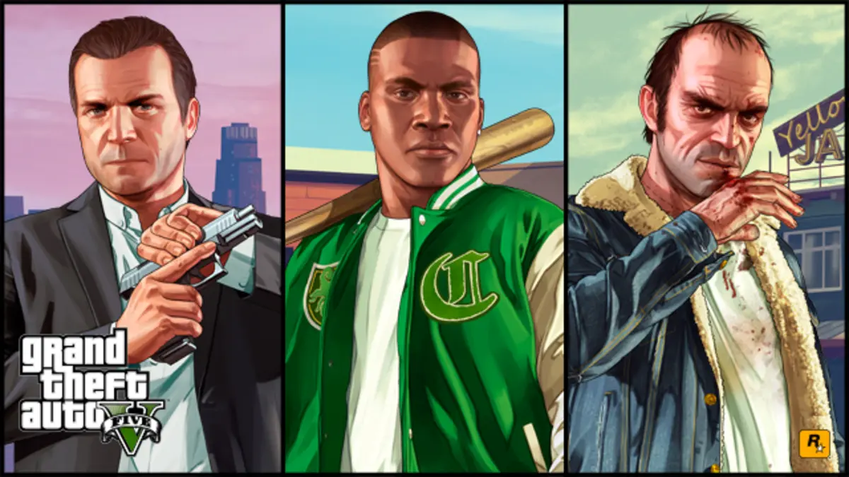 Artwork officiel de GTA 5 en trois panneaux : Michael De Santa en costume avec un pistolet, Franklin Clinton en veste de baseball verte tenant une batte, et Trevor Philips le visage ensanglanté, la main portée à la bouche