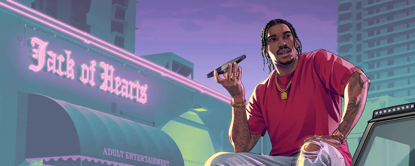 Boobie Ike, magnat de Leonida dans GTA VI, posant avec lunettes de soleil et chaînes en or sur fond néon