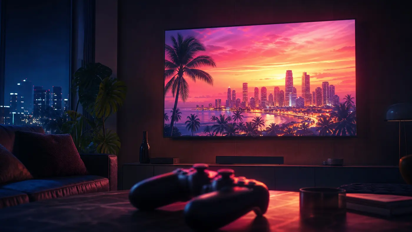 Salon de joueur le soir, grand téléviseur allumé sur une skyline tropicale de Vice City au coucher de soleil, manette de console moderne posée au premier plan sur une table basse, lumière chaude rose et orange, ambiance de veille de grande sortie
