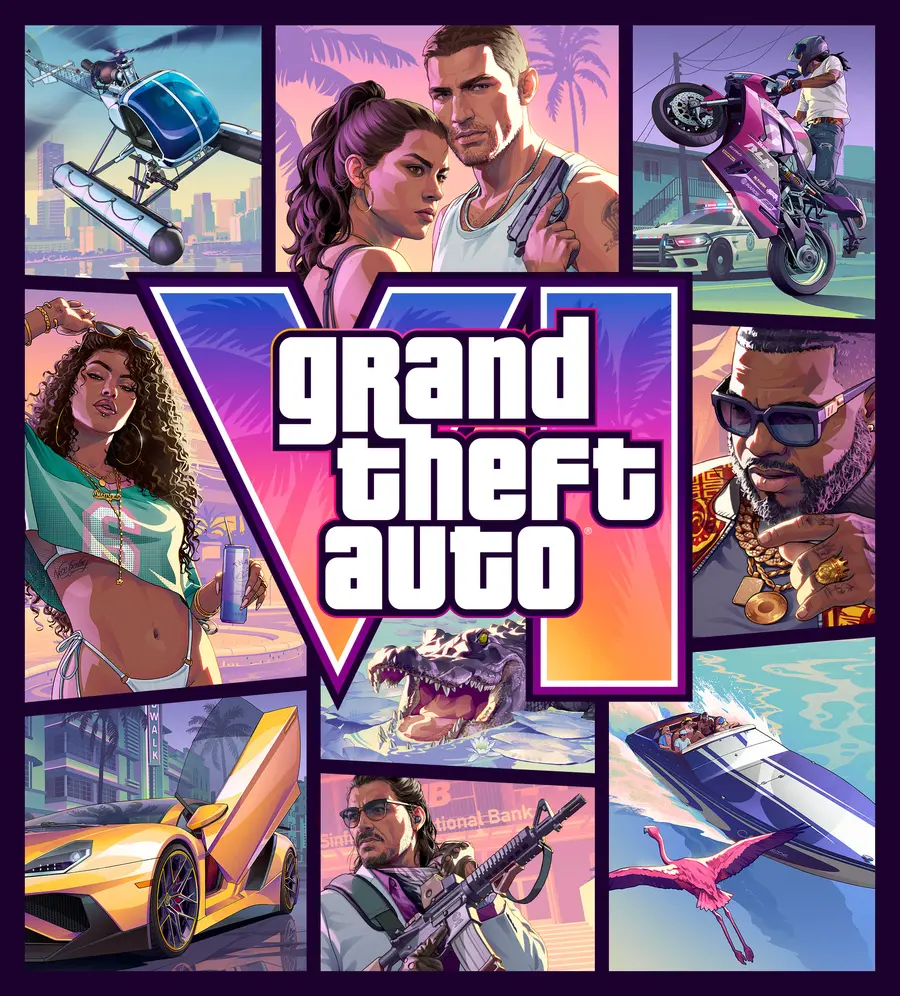 Jaquette verticale officielle de GTA VI : collage de personnages et de scènes de Leonida autour du logo VI et du lettrage Grand Theft Auto