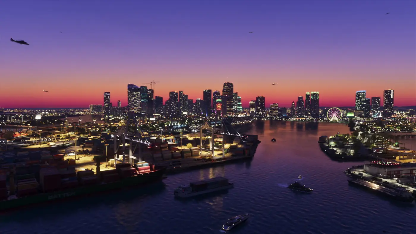 Vue aérienne de Vice City au crépuscule, skyline illuminée et baie le long de la côte, dans GTA VI