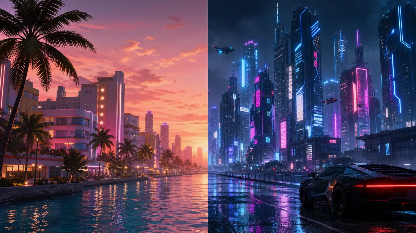 Image scindée en deux ambiances : à gauche un front de mer de Vice City au coucher de soleil, palmiers et néons pastel chauds dans le style de GTA VI ; à droite une mégapole verticale nocturne baignée de néons bleus et violets froids, pluie et gratte-ciel, évoquant Cyberpunk 2077