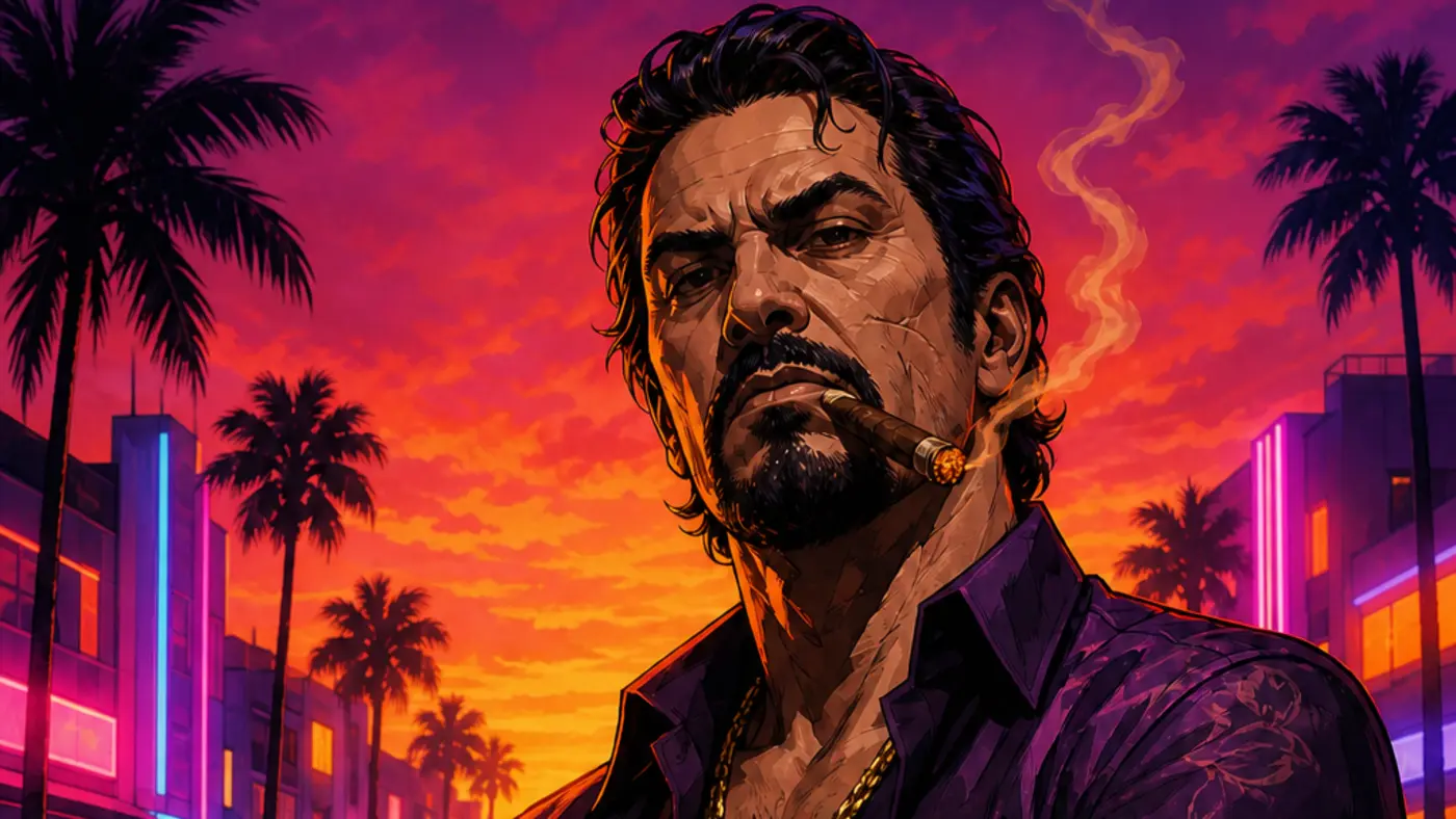 Illustration cinématique façon jaquette GTA : un chef de gang menaçant, cigare aux lèvres et chaîne en or, bras croisés devant une rue de Vice City baignée de néons au coucher de soleil