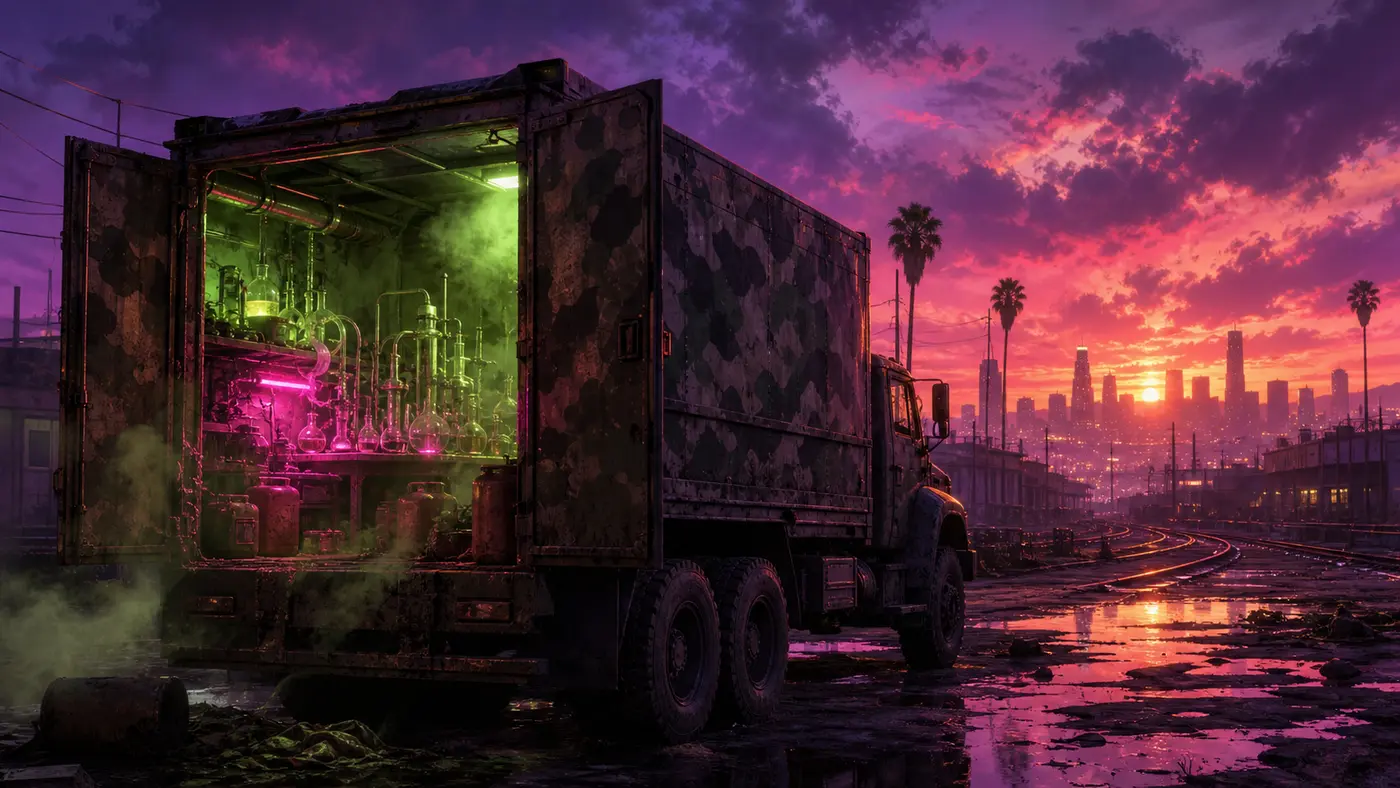 Un camion militaire à camouflage aménagé en laboratoire de drogue mobile, portes arrière ouvertes sur une verrerie de chimie qui rougeoie vert acide et rose, garé dans un dépôt ferroviaire de Los Santos au coucher de soleil magenta, illustration façon GTA