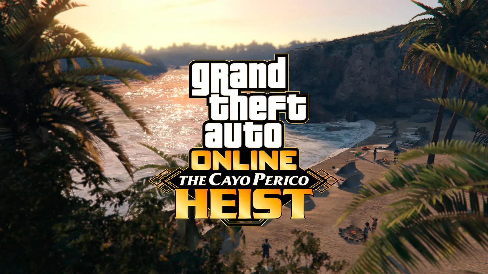 Key art officiel du braquage de Cayo Perico : une crique tropicale au coucher de soleil bordée de palmiers, avec le logo GTA Online The Cayo Perico Heist au centre