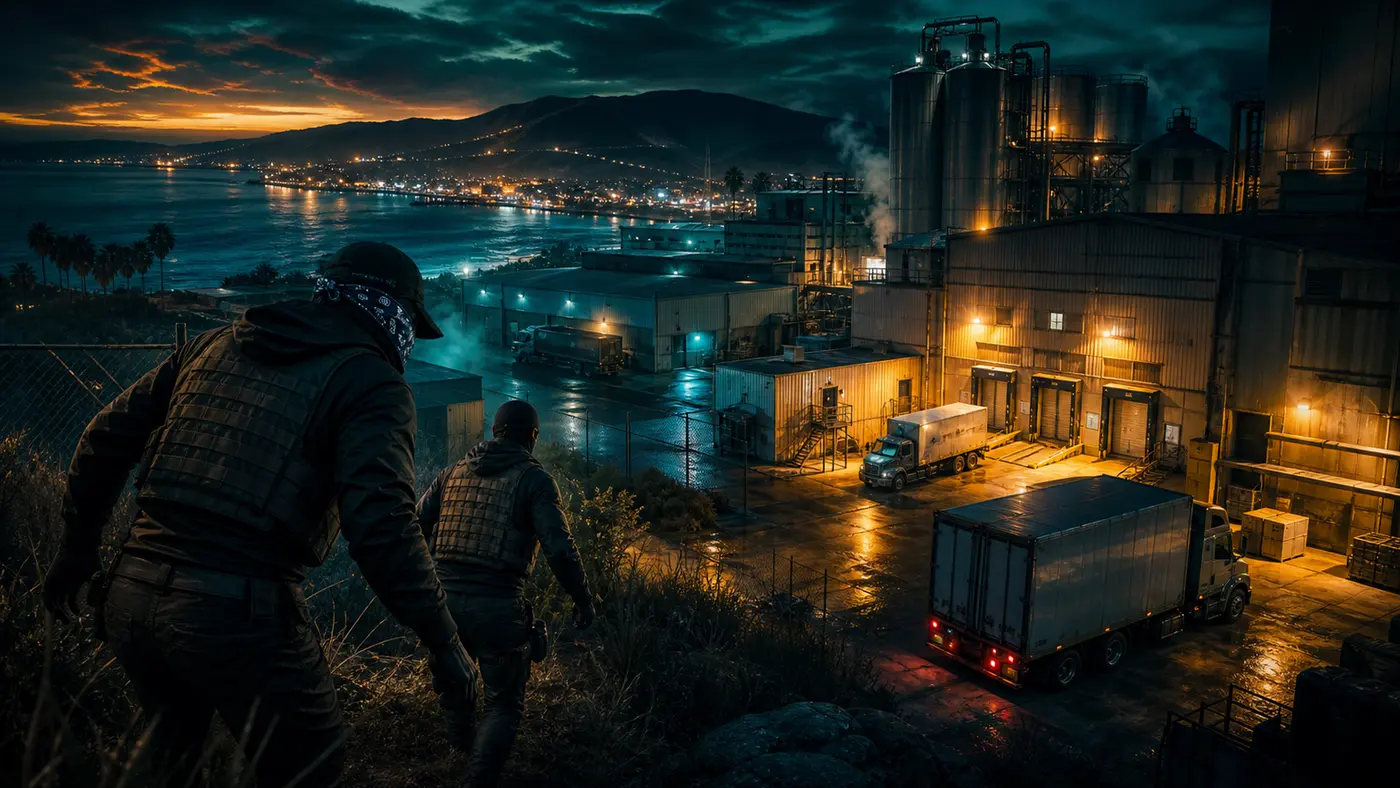 Deux criminels masqués en gilet tactique surplombant de nuit un complexe industriel côtier avec docks, camions frigorifiques et silos, illustration façon GTA