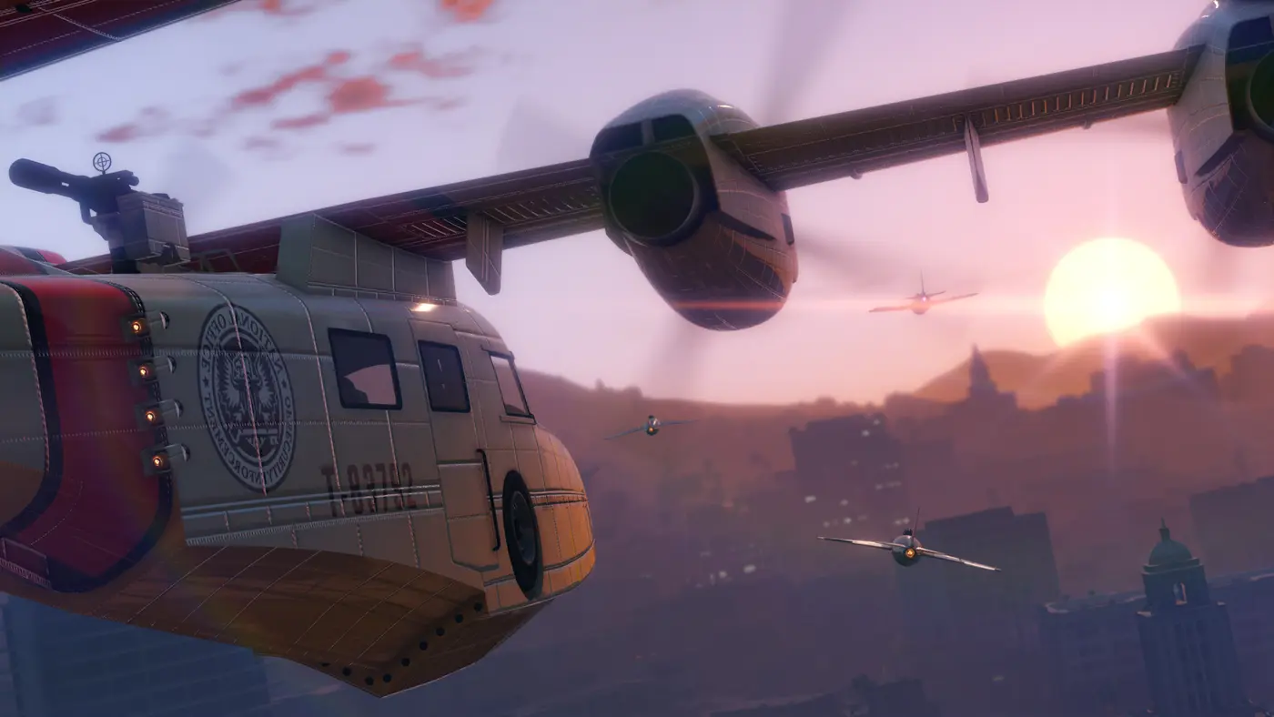 Artwork officiel de Smuggler's Run : un gros avion de contrebande à turbopropulseurs, tourelle sur le toit, survole Los Santos au coucher du soleil, escorté par plusieurs petits avions à hélice