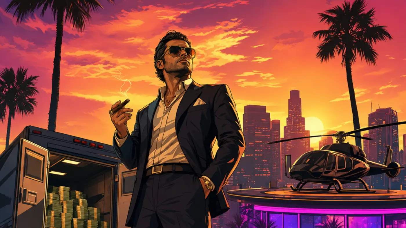 Illustration façon jaquette GTA : un homme d'affaires criminel en costume sur un toit de Los Santos au coucher du soleil, un fourgon blindé ouvert débordant de liasses de billets, une supercar noire et un hélicoptère privé, néons d'une boîte de nuit au loin