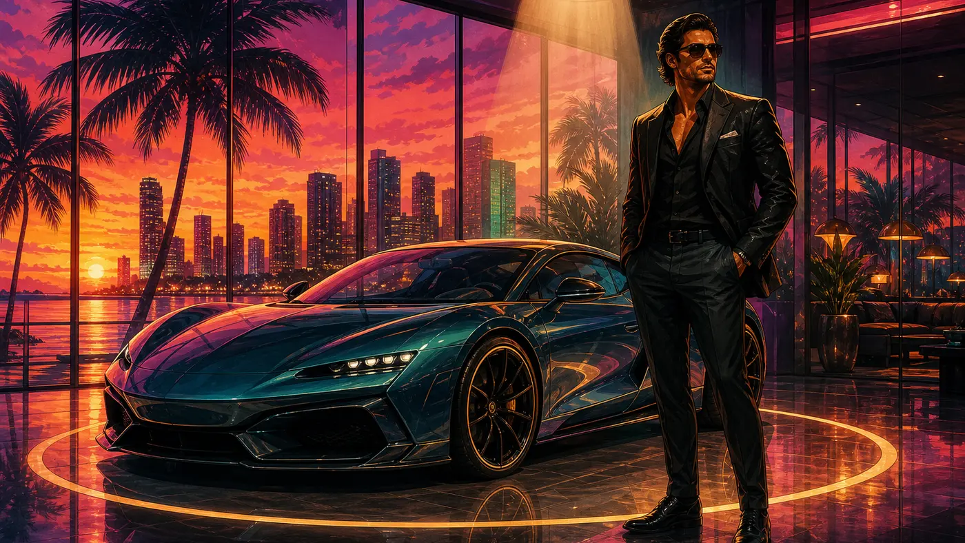 Illustration façon jaquette GTA : un homme en costume sombre et lunettes de soleil pose à côté d'une voiture de sport luxueuse sous un projecteur, dans un club automobile privé aux baies vitrées dévoilant la skyline de Los Santos au coucher du soleil