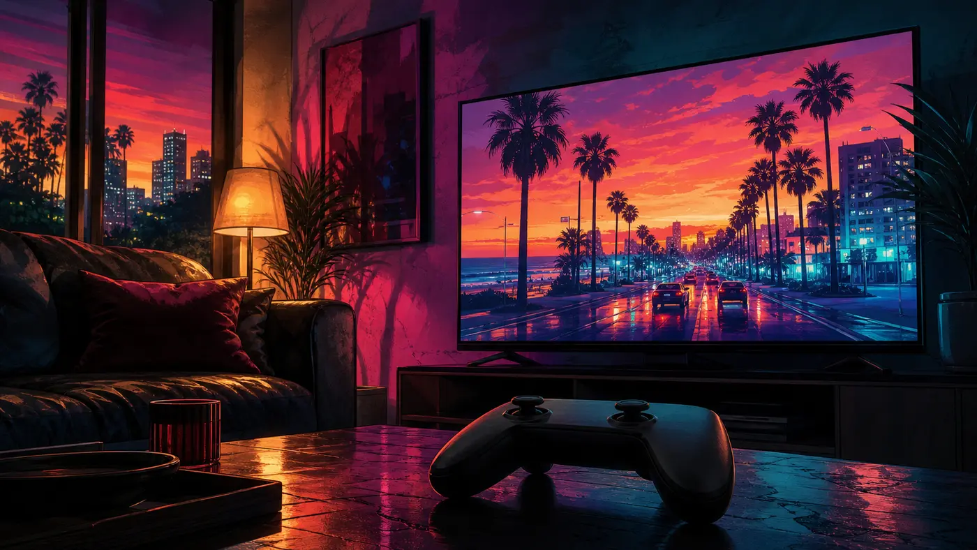 Manette de console posée devant un téléviseur affichant une rue de Los Santos au crépuscule dans un salon, ambiance roleplay sur console