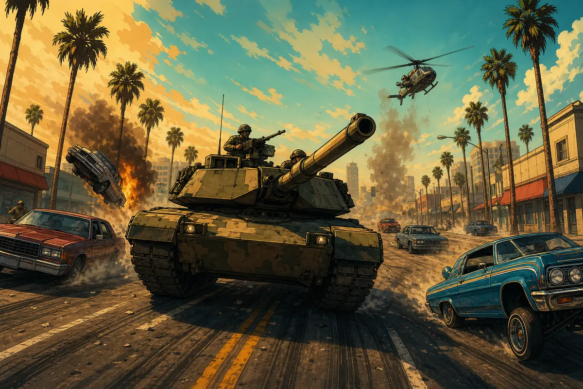 Char d'assaut militaire roulant au milieu d'un boulevard ensoleillé de Los Santos, palmiers et voitures des années 1990, ambiance Californie façon GTA San Andreas, illustration