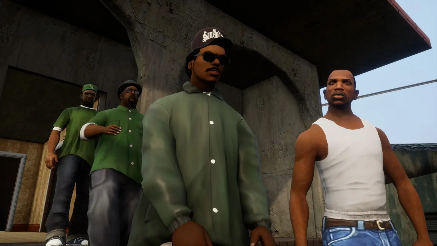 Membres du gang Grove Street Families dans GTA San Andreas, dont un portant une casquette San Andreas, avec CJ en marcel blanc