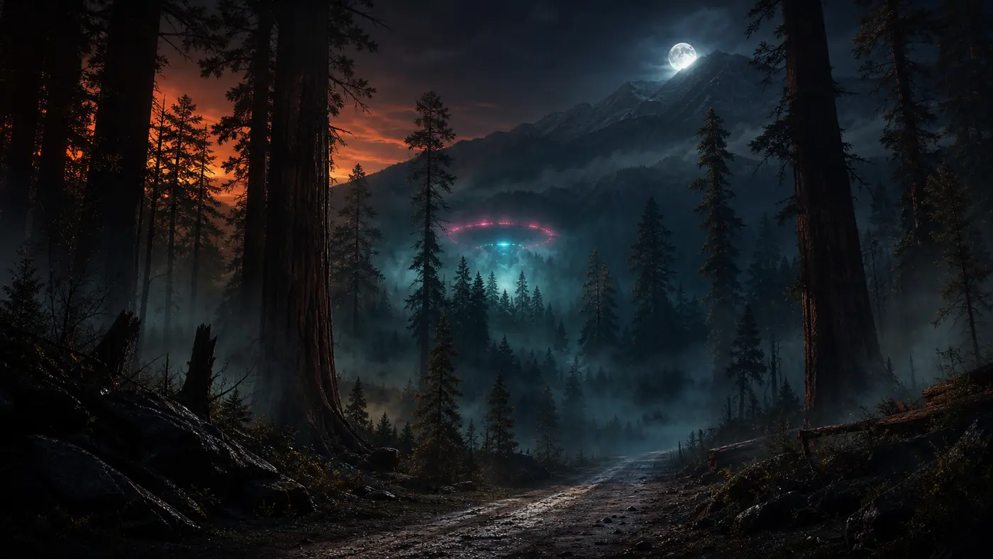 Illustration nocturne d'une forêt de séquoias brumeuse, une soucoupe volante aux lumières rouges et bleues flottant entre les troncs, un chemin de terre disparaissant dans le bois sous une lune froide, ambiance de légende paranormale