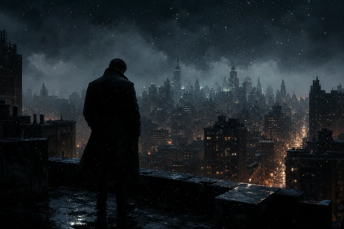 Illustration néo-noir d'une silhouette solitaire en imperméable sur un toit dominant une métropole américaine la nuit sous la neige, gratte-ciel et néons lointains noyés dans la brume, palette froide bleu nuit et orange, ambiance polar mélancolique