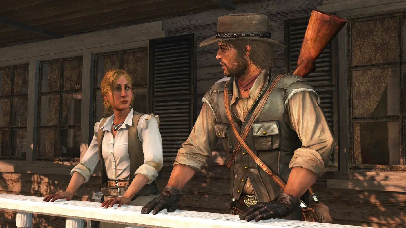 John Marston, chapeau et carabine dans le dos, discutant avec une fermière blonde appuyée à la rambarde d'un ranch dans Red Dead Redemption