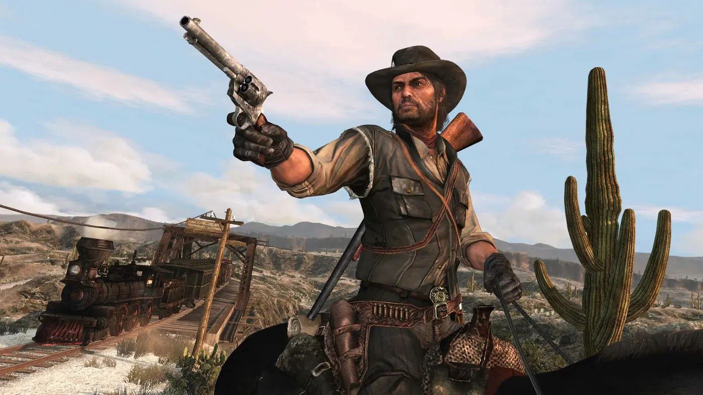 John Marston à cheval, revolver pointé, devant un train à l'arrêt et un cactus, dans un paysage aride de Red Dead Redemption