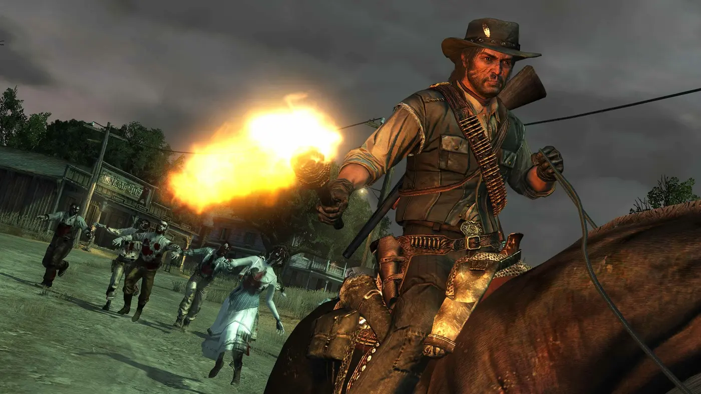 John Marston à cheval tirant au revolver, éclair de tir, face à des zombies dans une ville sombre la nuit, extension Undead Nightmare de Red Dead Redemption