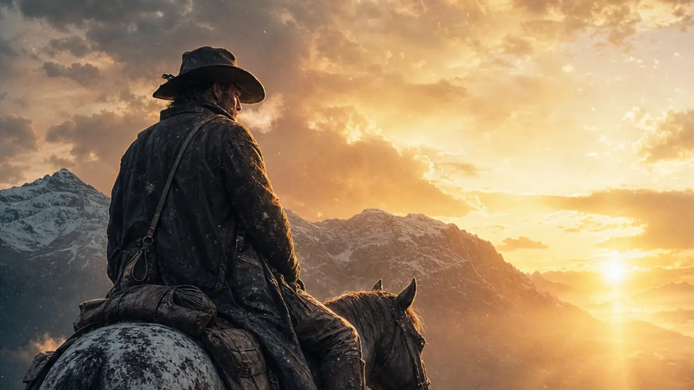 Illustration cinématographique façon western : un cavalier hors-la-loi solitaire, vu de dos sur son cheval, observe un coucher de soleil doré au-dessus de montagnes enneigées, brume et poussière en suspension