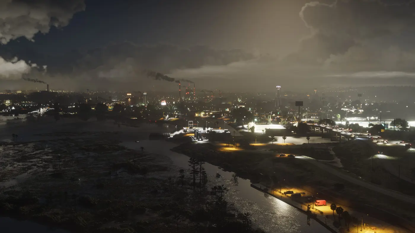 Ville industrielle d'Ambrosia de nuit dans GTA VI : raffineries et cheminées fumantes, autoroute éclairée et marais au premier plan