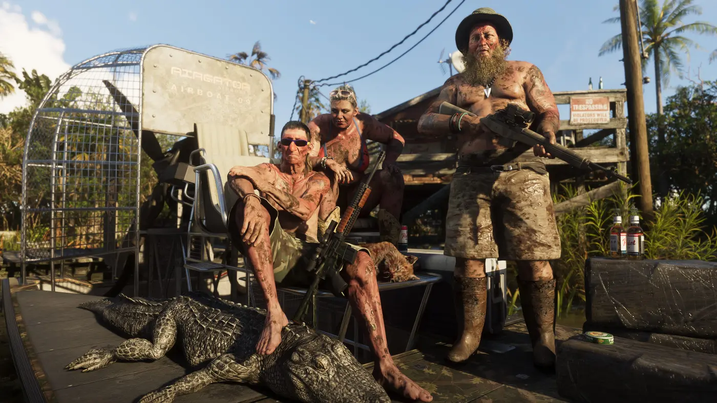 Trois personnages couverts de boue posant avec des fusils et un alligator sur un ponton d'airboat dans les marécages de GTA VI