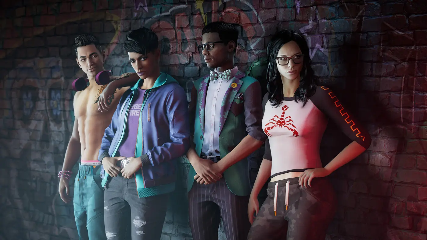Les quatre protagonistes du reboot Saints Row de 2022 adossés à un mur de graffitis colorés, tenues streetwear pastel, éclairage rose et bleu, dans un style volontairement décalé
